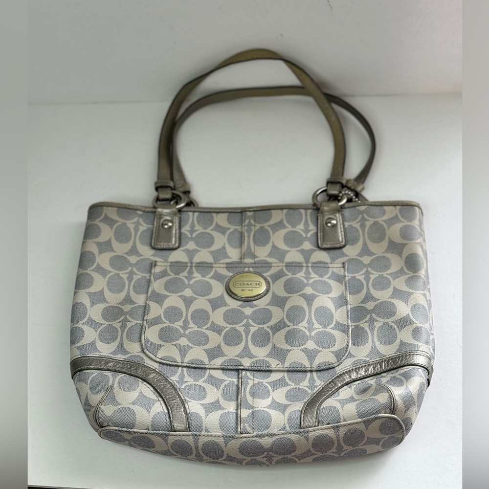 Coach Peyton Signature Heritage Leather Tote Bag  Blue, Silver